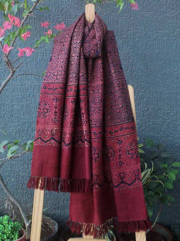 Red Bhujodi Handloom Pure Wool Ajrakh Hand Block Printed Stole
