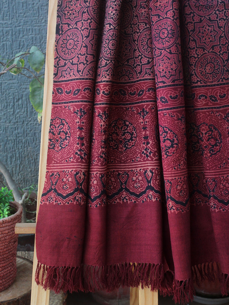 Red Bhujodi Handloom Pure Wool Ajrakh Hand Block Printed Stole