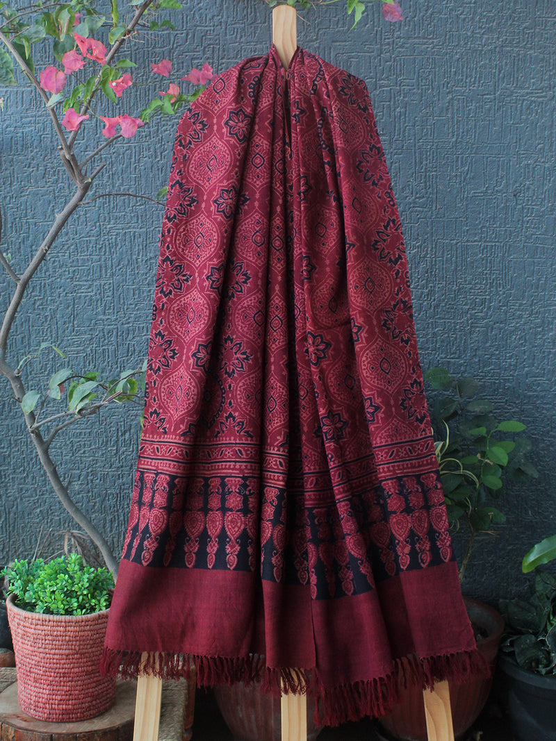 Red Bhujodi Handloom Pure Wool Ajrakh Hand Block Printed Stole