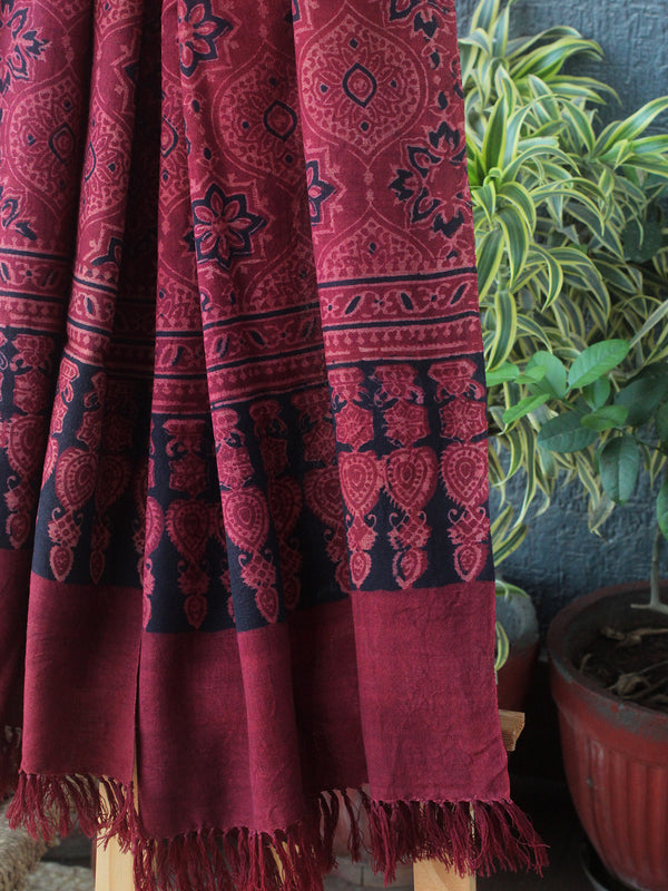 Red Bhujodi Handloom Pure Wool Ajrakh Hand Block Printed Stole