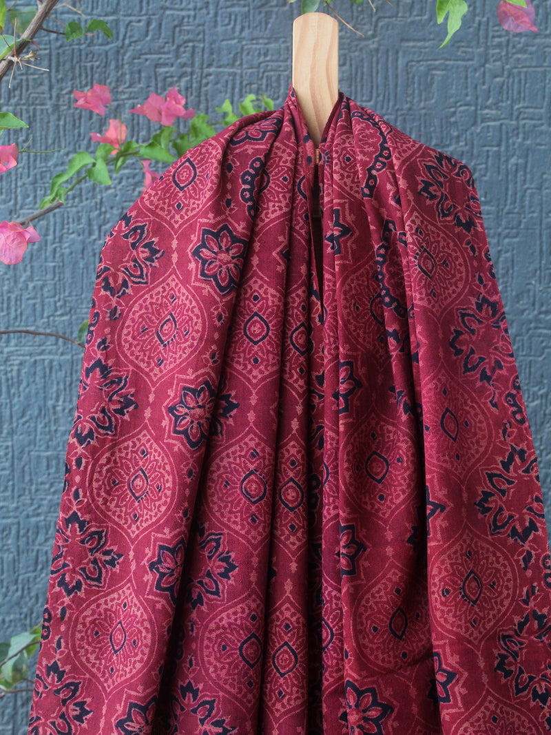 Red Bhujodi Handloom Pure Wool Ajrakh Hand Block Printed Stole