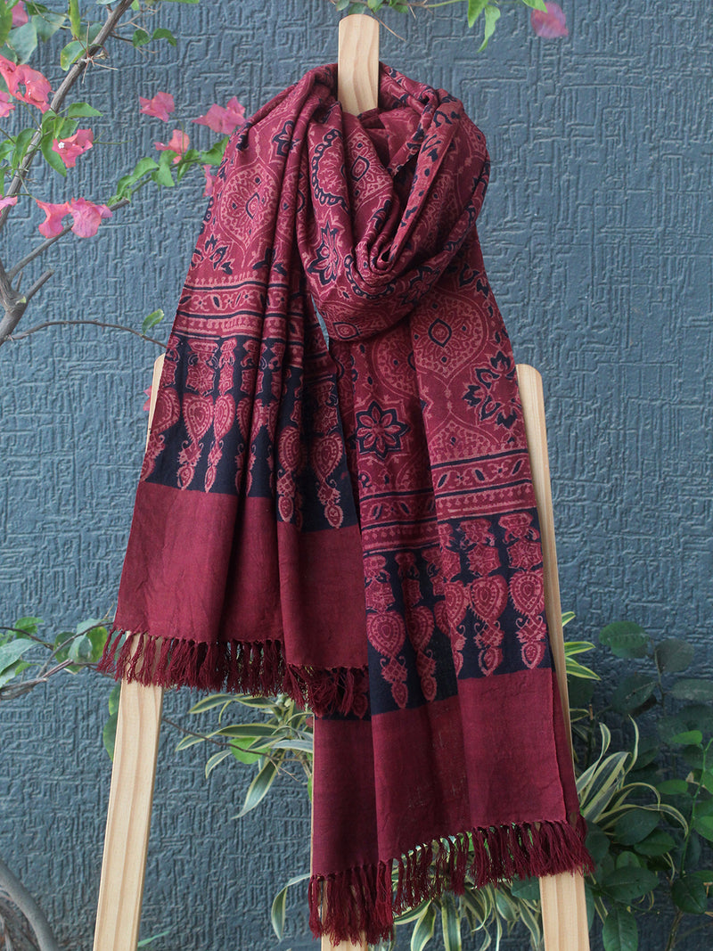 Red Bhujodi Handloom Pure Wool Ajrakh Hand Block Printed Stole