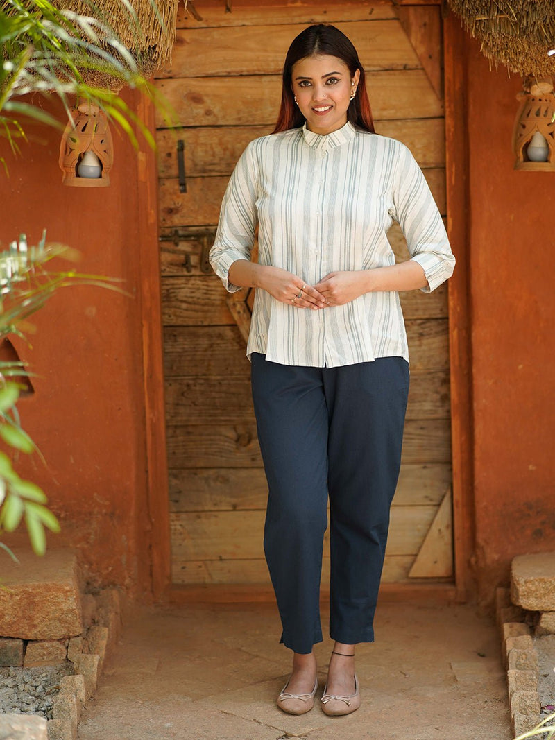 Juhi Handloom Cotton Striped Shirt with Band Collar - Weaves of Tradition