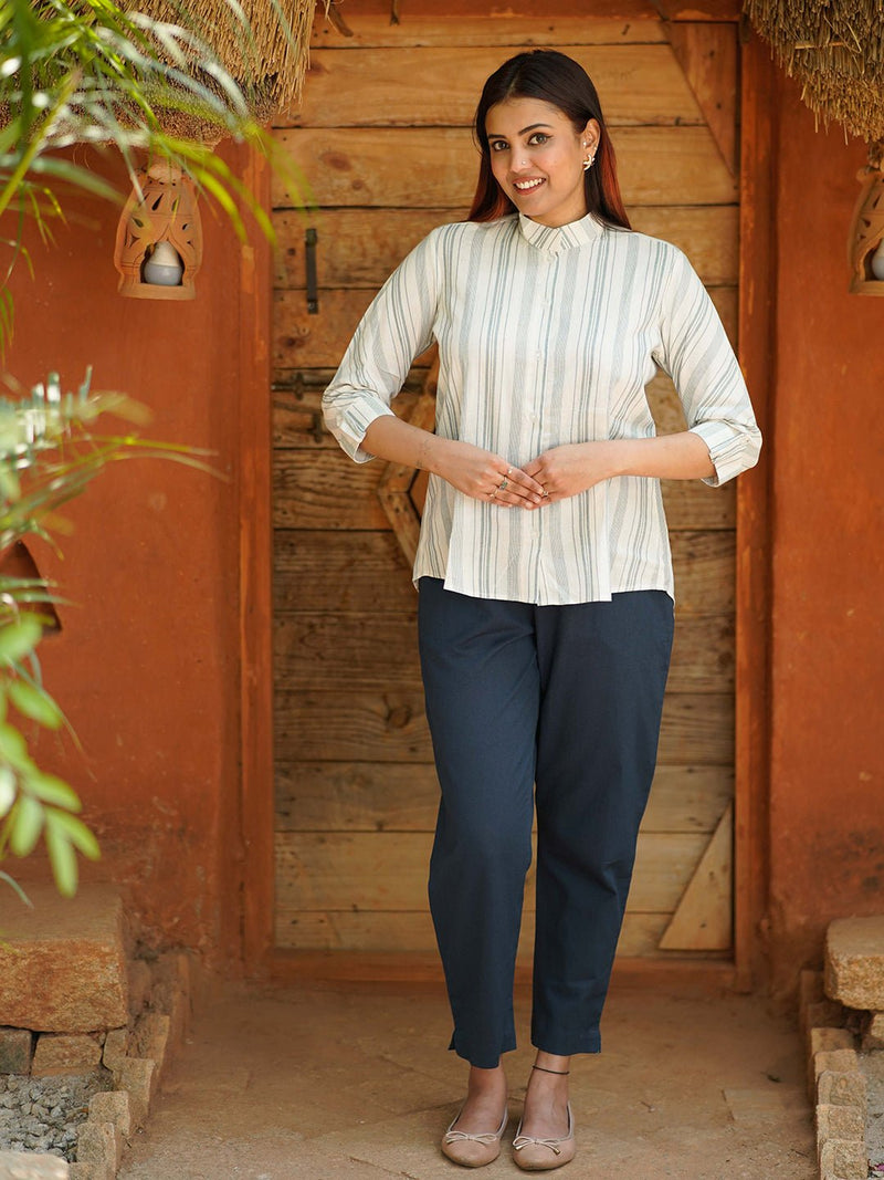 Juhi Handloom Cotton Striped Shirt with Band Collar - Weaves of Tradition