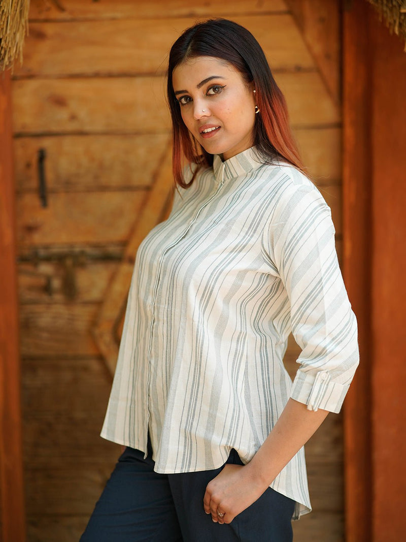 Juhi Handloom Cotton Striped Shirt with Band Collar - Weaves of Tradition