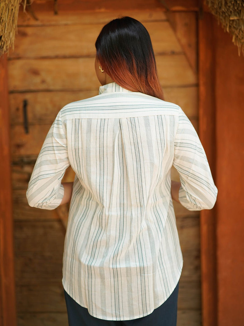 Juhi Handloom Cotton Striped Shirt with Band Collar - Weaves of Tradition