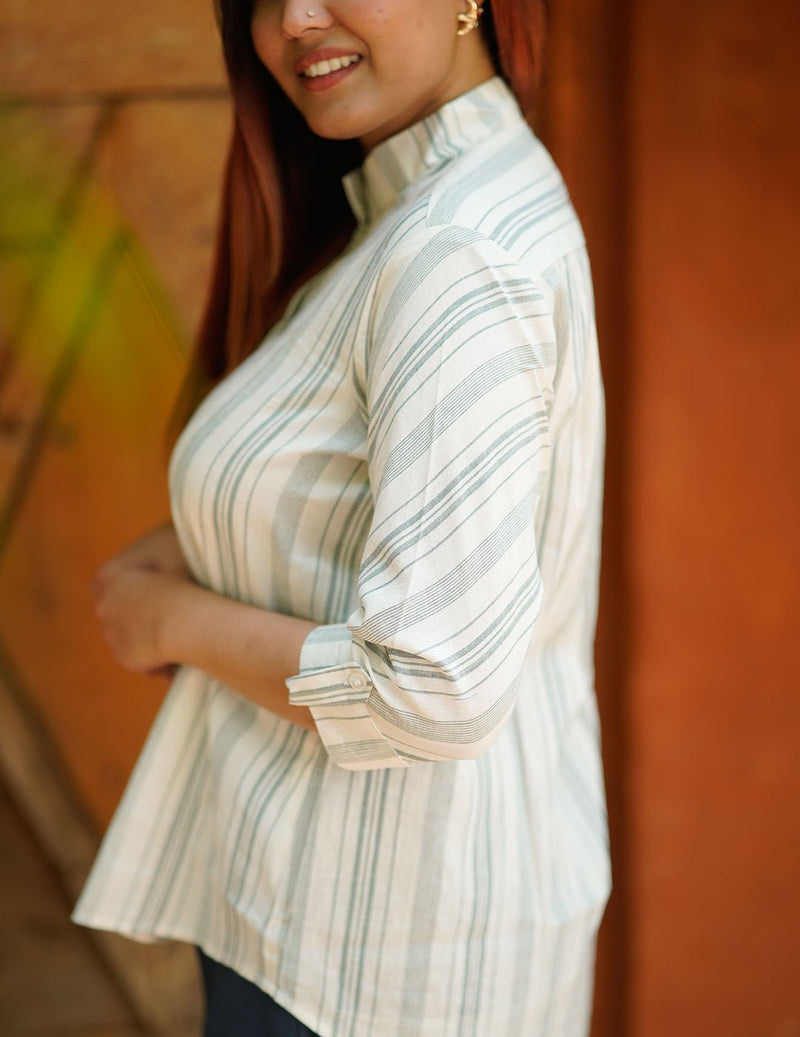 Juhi Handloom Cotton Striped Shirt with Band Collar - Weaves of Tradition