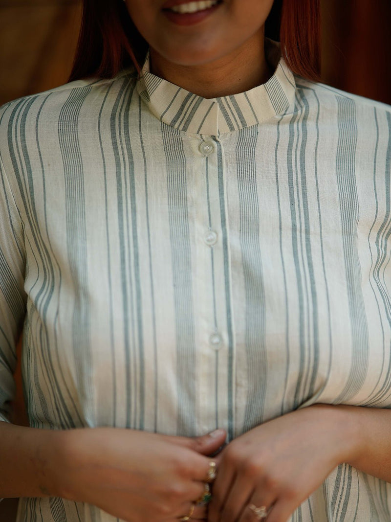 Juhi Handloom Cotton Striped Shirt with Band Collar - Weaves of Tradition