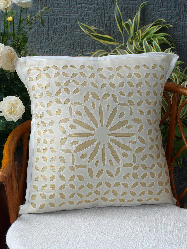 Ivory Chanderi Silk Applique Cushion Cover