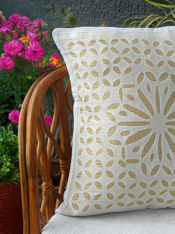 Ivory Chanderi Silk Applique Cushion Cover