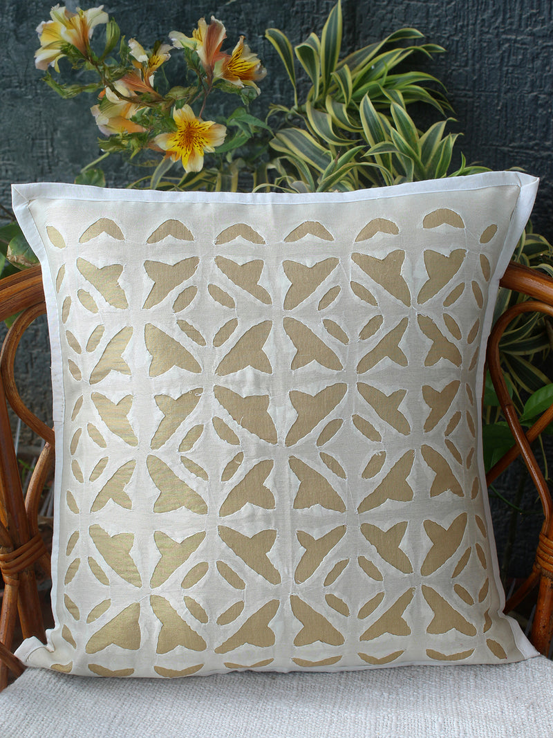 Ivory Chanderi Silk Applique Cushion Cover