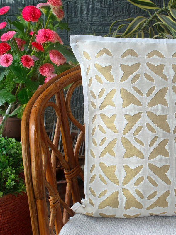 Ivory Chanderi Silk Applique Cushion Cover