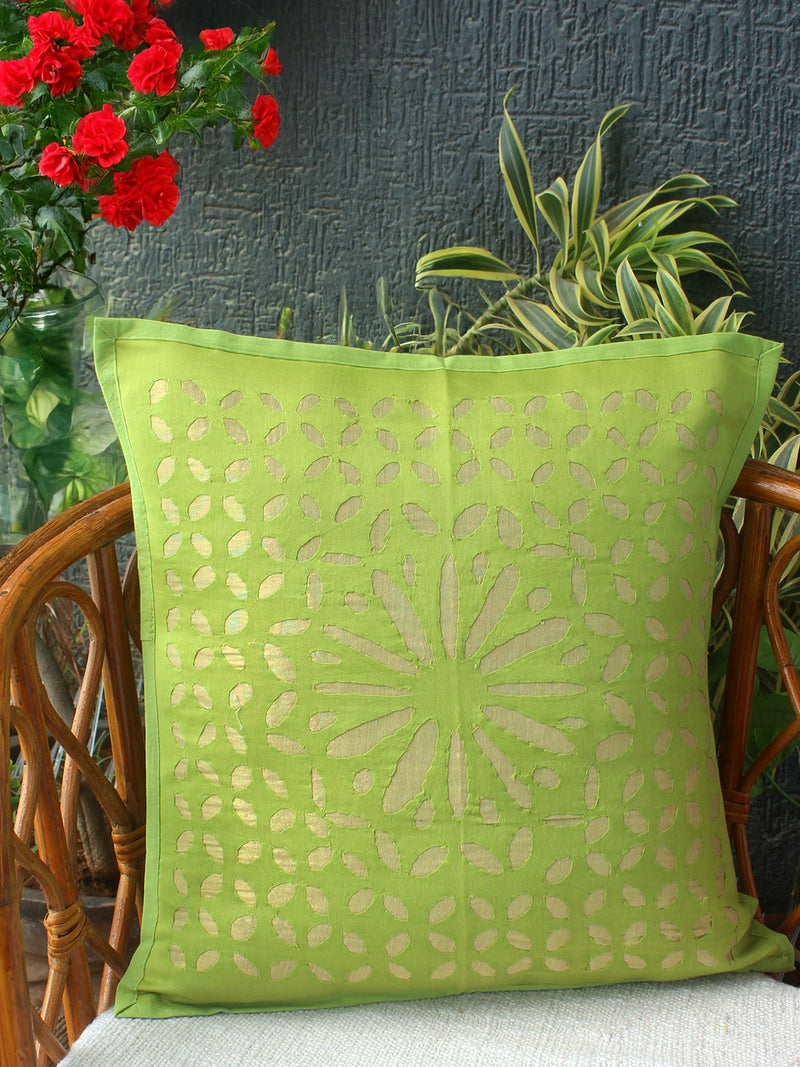 Green Chanderi Silk Applique Cushion Cover