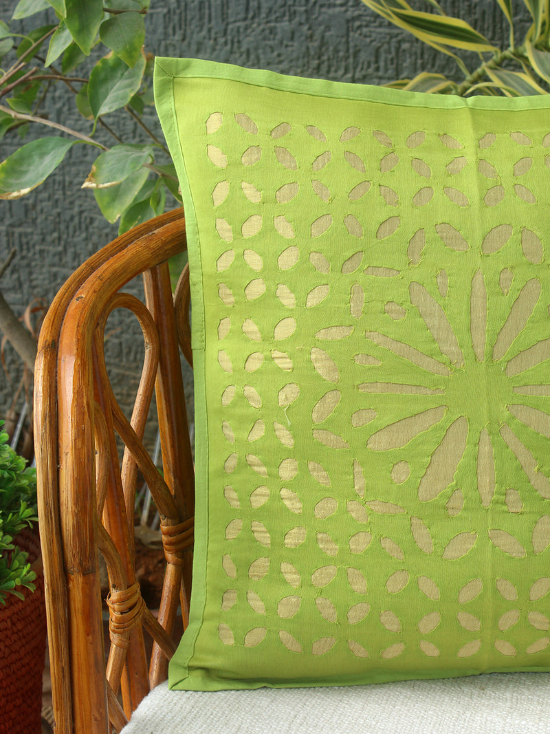 Green Chanderi Silk Applique Cushion Cover