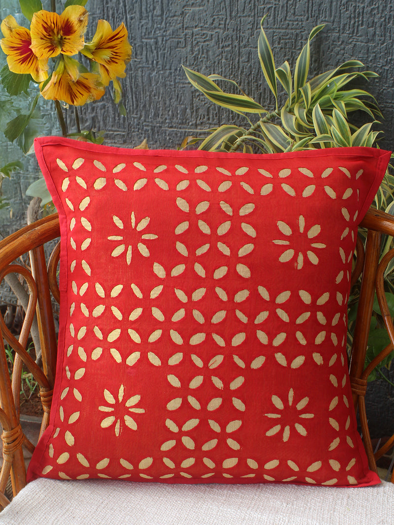Red Chanderi Silk Applique Cushion Cover