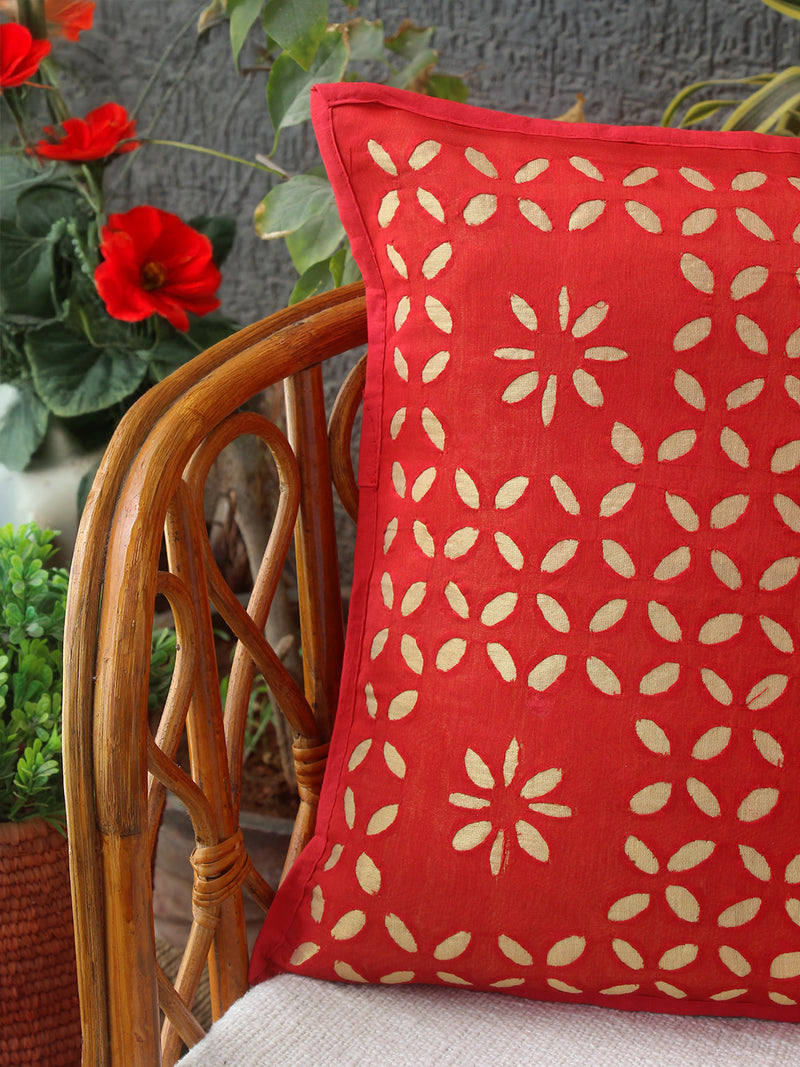 Red Chanderi Silk Applique Cushion Cover