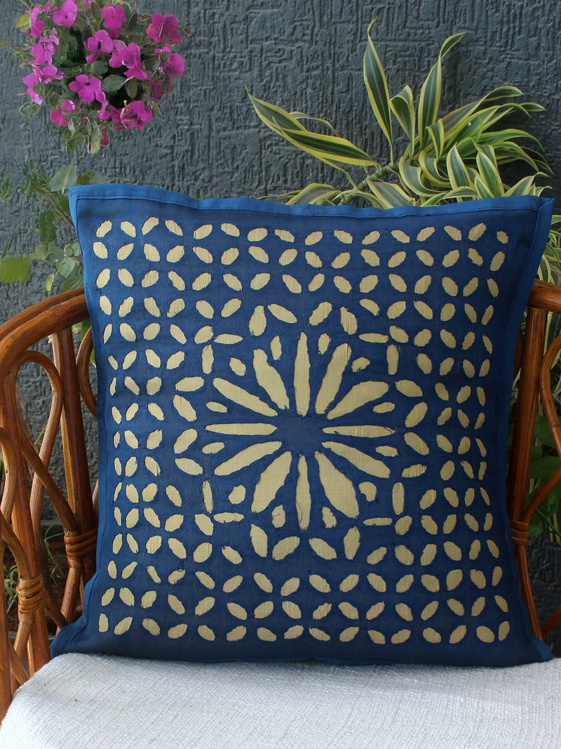 Blue Chanderi Silk Applique Cushion Cover