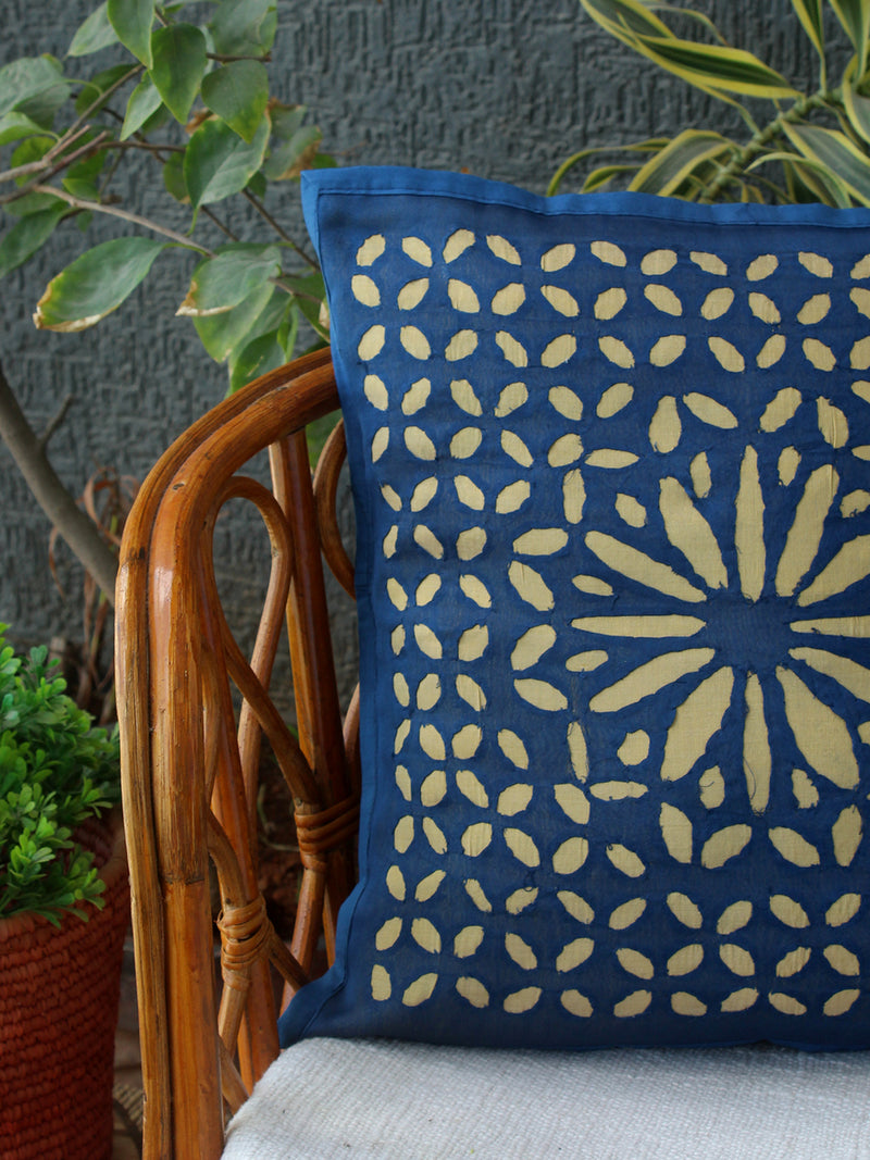 Blue Chanderi Silk Applique Cushion Cover