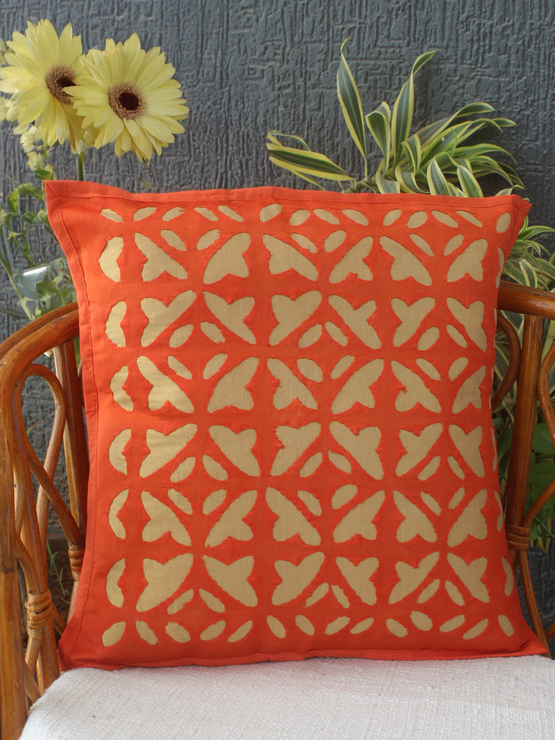 Orange Chanderi Silk Applique Cushion Cover