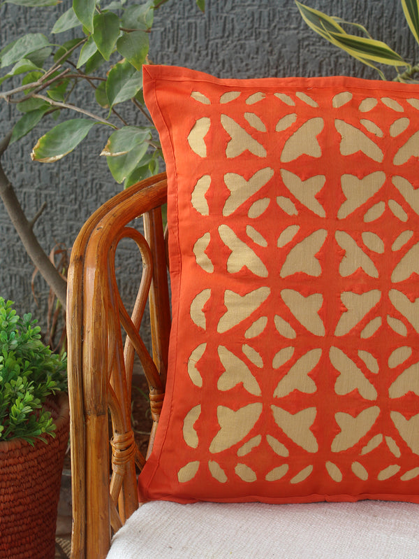 Orange Chanderi Silk Applique Cushion Cover