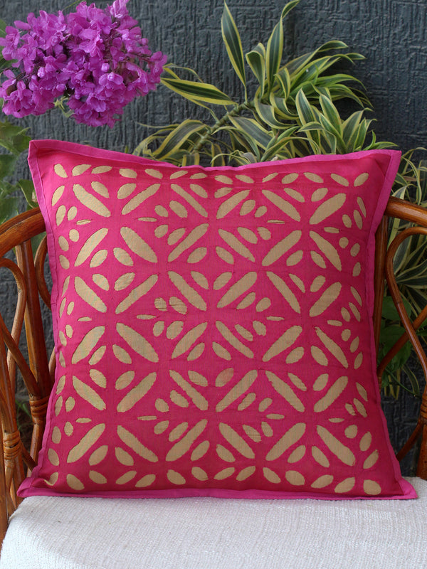 Fuscia Pink Chanderi Silk Applique Cushion Cover