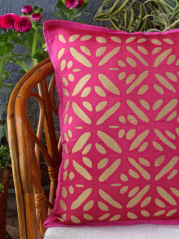 Fuscia Pink Chanderi Silk Applique Cushion Cover