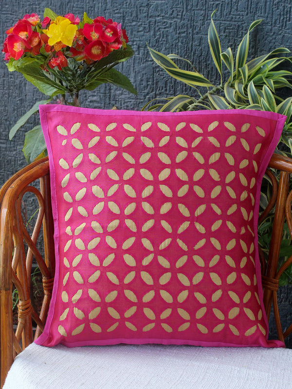Fuscia Pink Chanderi Silk Applique Cushion Cover