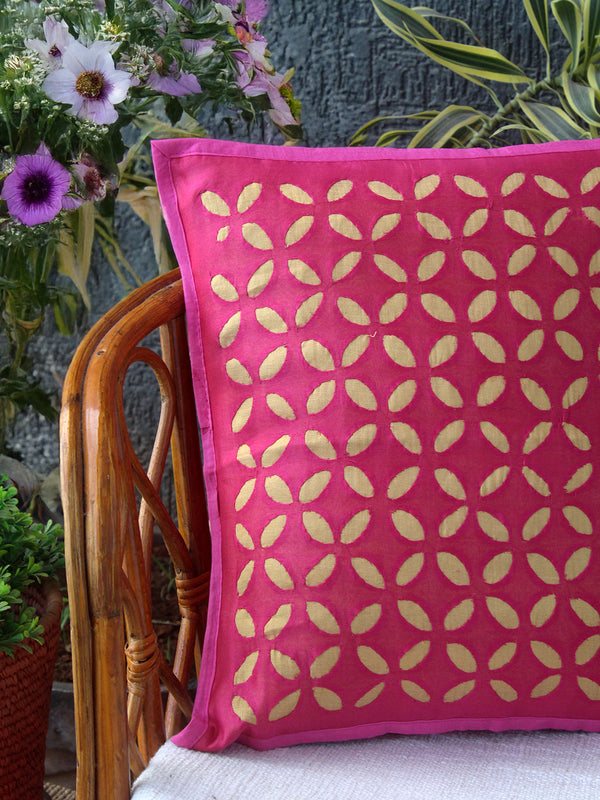 Fuscia Pink Chanderi Silk Applique Cushion Cover