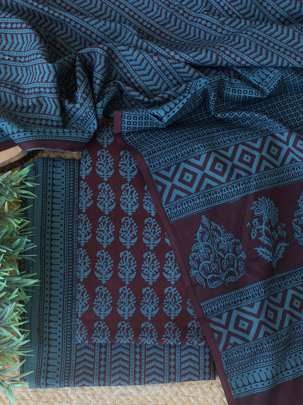 Maroon And Teal Bagh Hand Block Printed Pure Cotton Dress Material