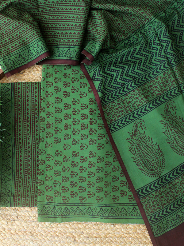 Green Bagh Hand Block Printed Pure Cotton Dress Material
