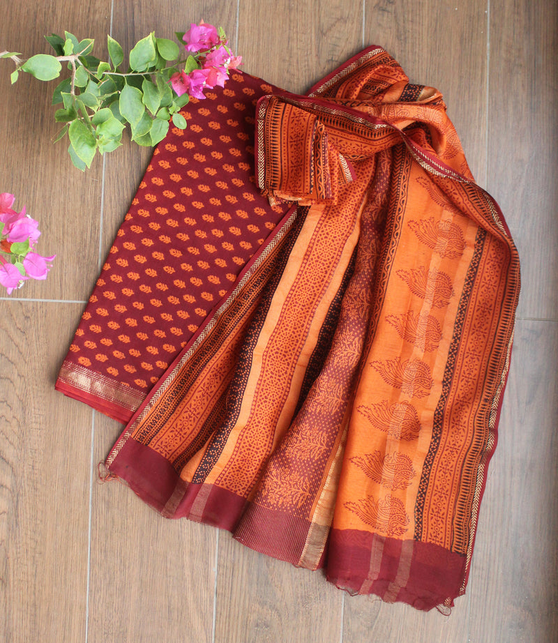 Maroon Bagh Hand Block Printed Maheshwari Dress Material
