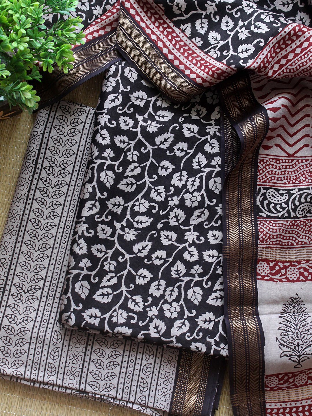 Off-White and Brown Bagru Hand Block Printed Maheshwari Dress Material