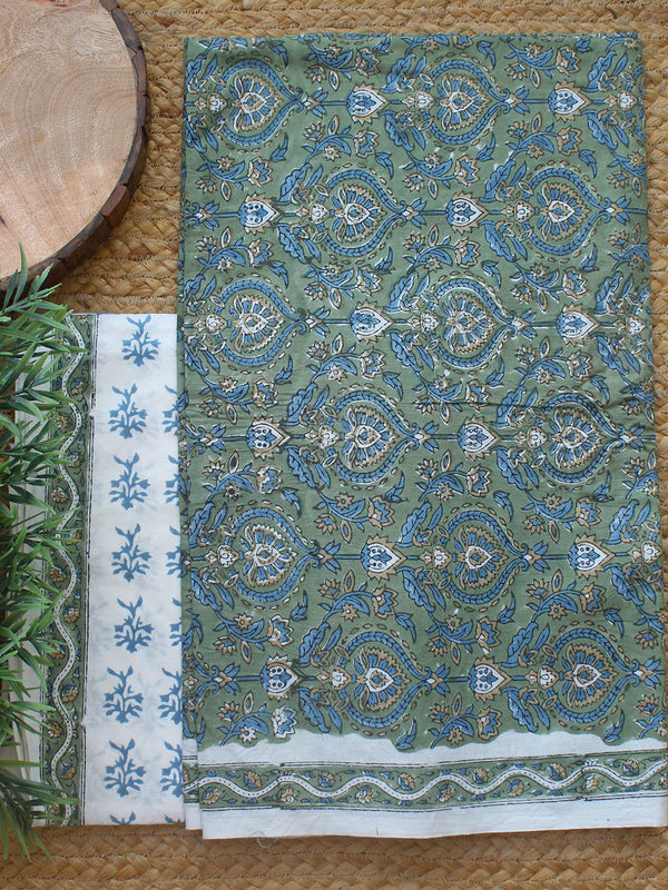 Khaki Bagru Hand Block Printed Dress Material With Chiffon Dupatta