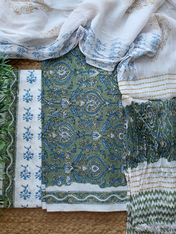 Khaki Bagru Hand Block Printed Dress Material With Chiffon Dupatta