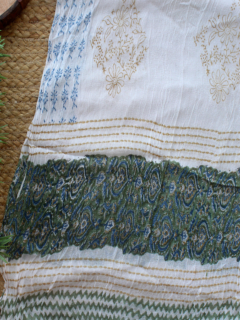 Khaki Bagru Hand Block Printed Dress Material With Chiffon Dupatta