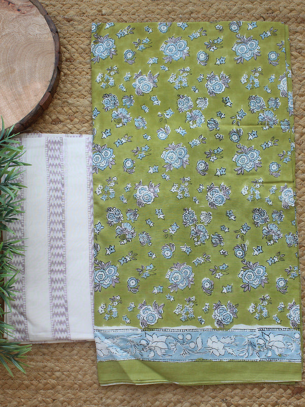 Green Bagru Hand Block Printed Dress Material With Chiffon Dupatta