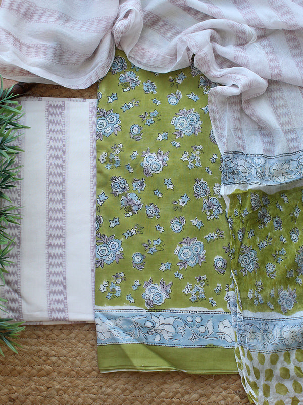 Green Bagru Hand Block Printed Dress Material With Chiffon Dupatta