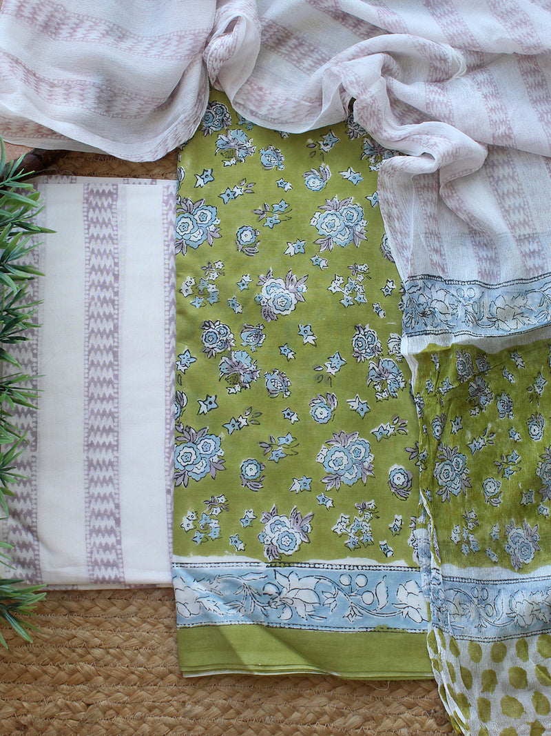 Green Bagru Hand Block Printed Dress Material With Chiffon Dupatta