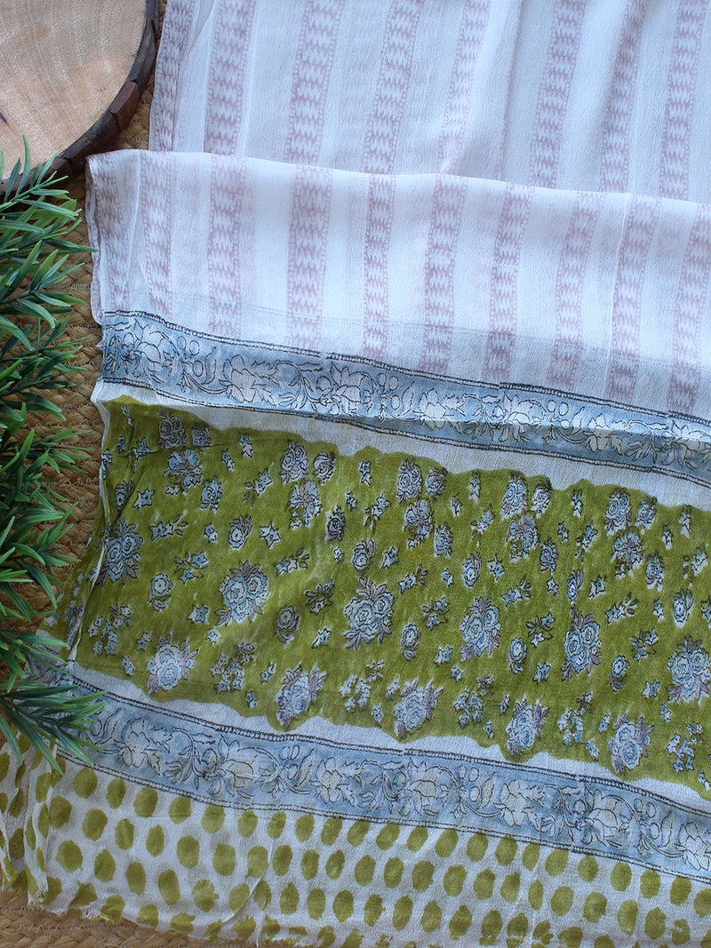 Green Bagru Hand Block Printed Dress Material With Chiffon Dupatta