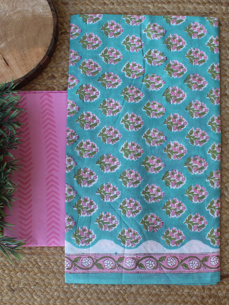 Blue Hand Block Printed Dress Material With Cotton Dupatta