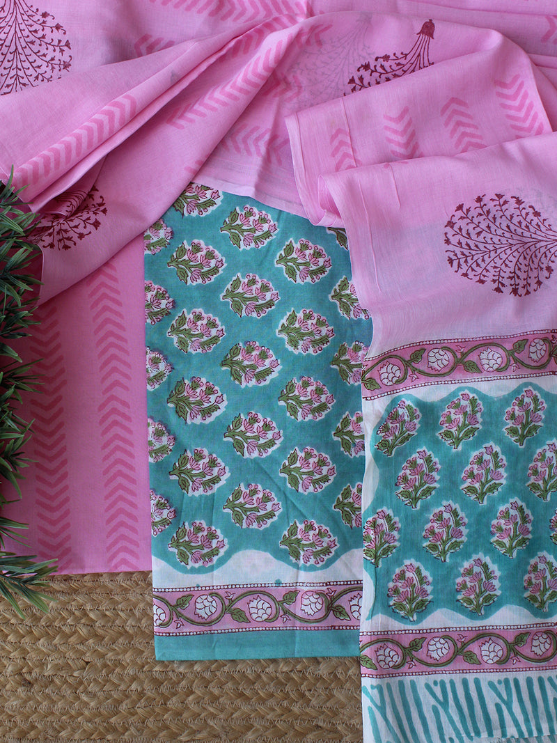 Blue Hand Block Printed Dress Material With Cotton Dupatta