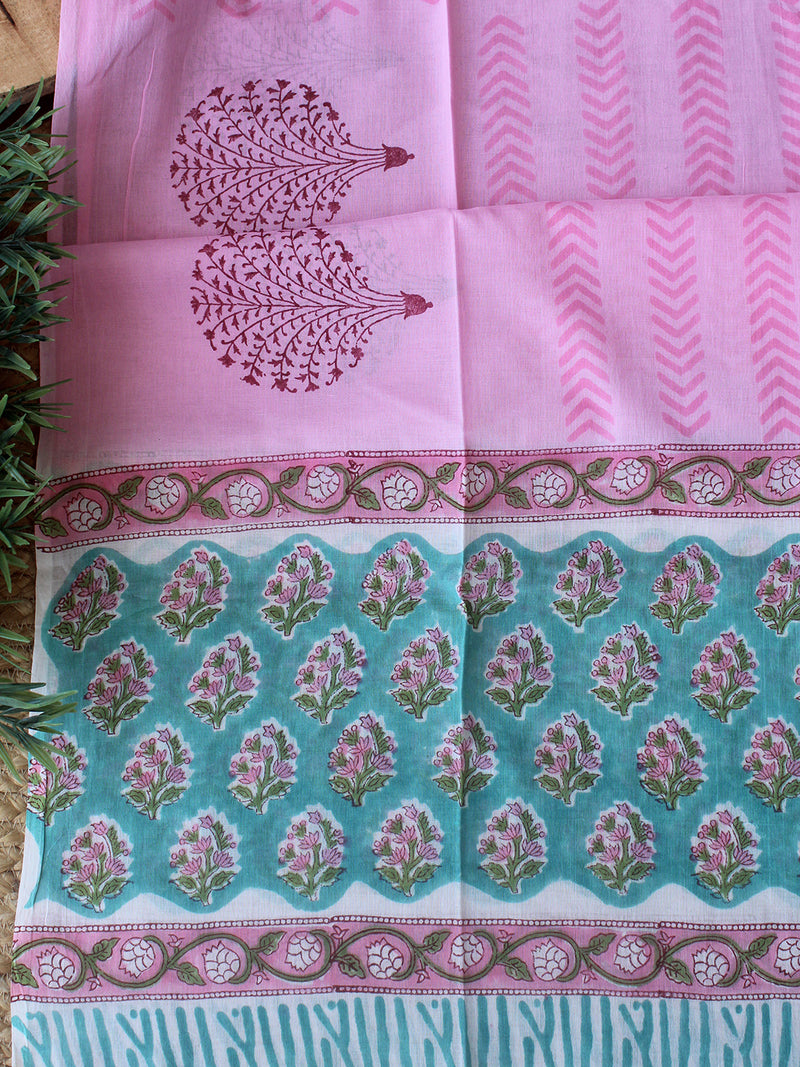 Blue Hand Block Printed Dress Material With Cotton Dupatta