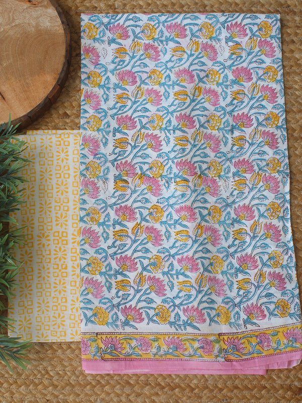 White Bagru Hand Block Printed Dress Material With Chiffon Dupatta