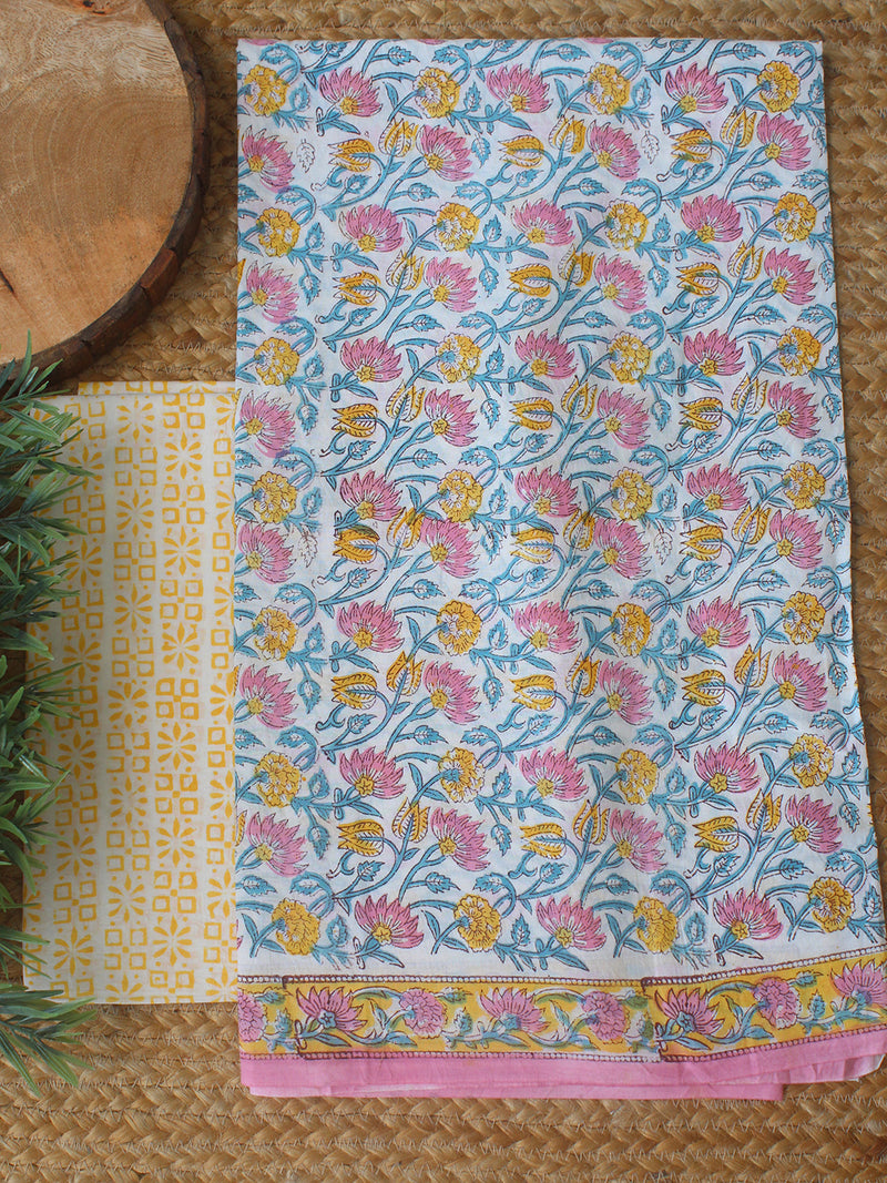 White Bagru Hand Block Printed Dress Material With Chiffon Dupatta