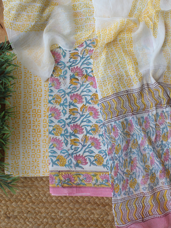 White Bagru Hand Block Printed Dress Material With Chiffon Dupatta