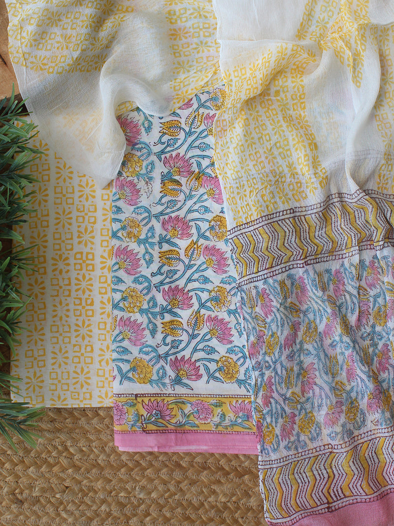 White Bagru Hand Block Printed Dress Material With Chiffon Dupatta