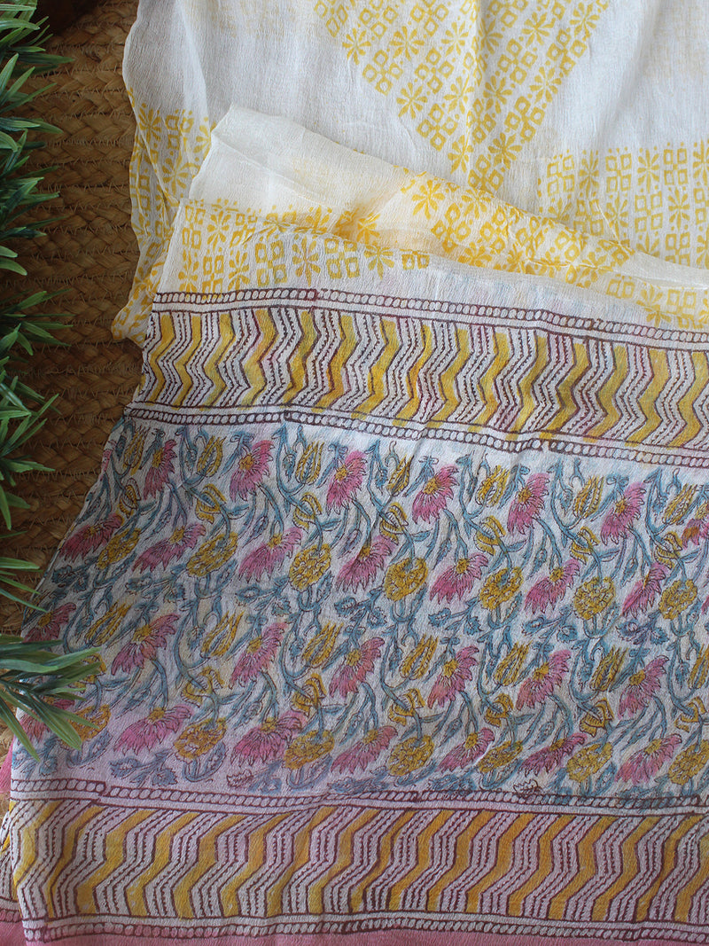 White Bagru Hand Block Printed Dress Material With Chiffon Dupatta