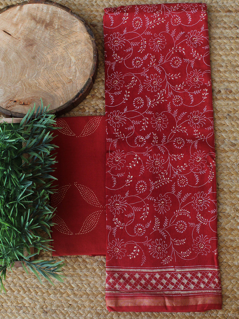 Red Bagru Khari Hand Block Printed Chanderi Dress Material
