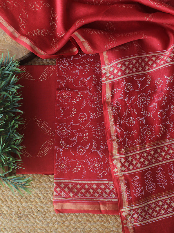 Red Bagru Khari Hand Block Printed Chanderi Dress Material