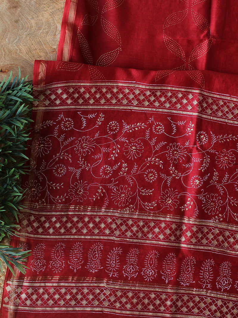 Red Bagru Khari Hand Block Printed Chanderi Dress Material